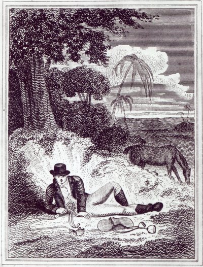 Mungo Park, na África, uma ilustração de "Viagens nos distritos do interior da África: realizada nos anos de 1795, 1796 e 1797", publicada em 1816 (impressão) de English School