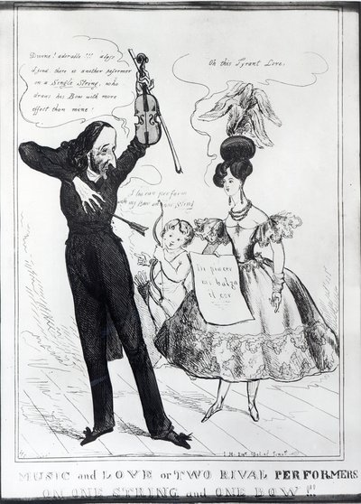 &39;Music and Love ou Two Rival Performers em uma String e um Bow&39;, caricatura de Hector Berlioz (1803-69) e Harriet Smithson (1800-54) de English School