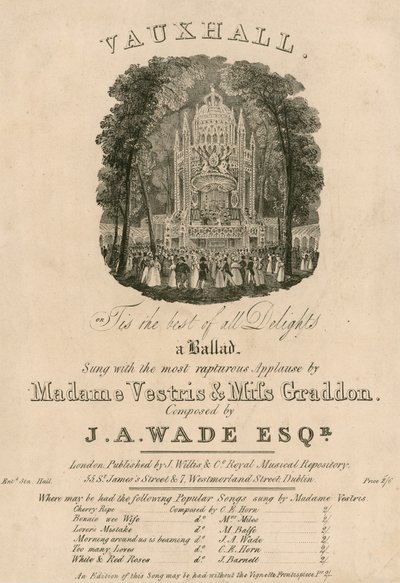 Partitura musical: Tis the Best of All Delights, cantada por Madame Vestris e Miss Graddon, composta por JA Wade de English School