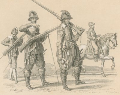 Mosqueteiros ou fuzileiros e cavalaria, cerca de 1650 de English School