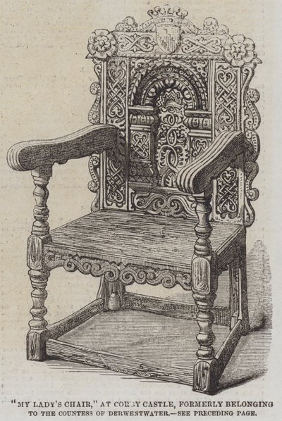 "Cadeira de Nossa Senhora", no Castelo de Corby, anteriormente pertencente à Condessa de Derwestwater (gravura) de English School