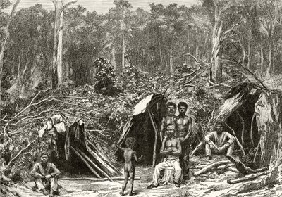 Acampamento Aborígene nativo, c.1880, de &39;Australian Pictures&39;, de Howard Willoughby, publicado pela Religious Tract Society, Londres, 1886 de English School