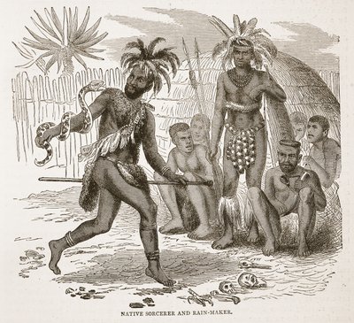 Feiticeiro nativo e Rain-maker, ilustração da edição pictórica da vida e das descobertas de David Livingstone por J. Ewing Richie, bar. por A. Fullarton & Co., 1876 de English School