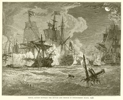 Ação naval entre britânicos e franceses em Pondicherry Roads, 1758 de English School