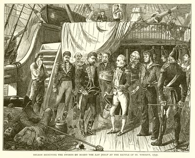 Nelson recebendo as espadas a bordo do San Josef na Batalha de São Vicente, 1797 de English School
