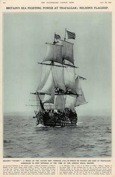 Nelsons Victory: um modelo do navio de 100 canhões no qual ele lutou e morreu em Trafalgar, do The Illustrated London News Royal Naval and Military Review Number, 20 de julho de 1935 de English School