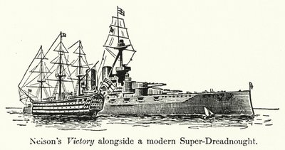 A vitória de Nelson ao lado de um Super-Dreadnought moderno de English School