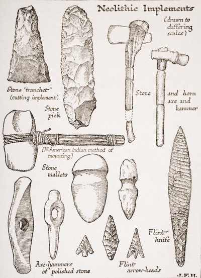 Implementos Neolíticos, ilustração de &39;The Outline of History&39; de HG Wells, Volume I, publicado em 1920 de English School