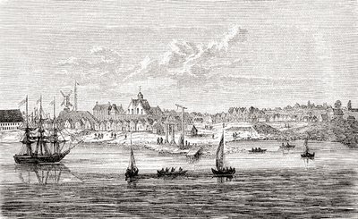 Nova Amesterdão, uma povoação holandesa do século XVII na ponta sul da ilha de Manhattan, América, da História Ilustrada do Mundo de Ward e Lock, pub. c.1882 de English School