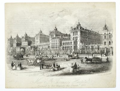 Novo St. Thomass Hospital, inaugurado por Sua Majestade a Rainha 1871, pub. JT Wood de English School