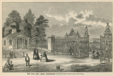 Novo portão e lodge, Kensington, em frente à Prince Albert Road, Hyde Park de English School