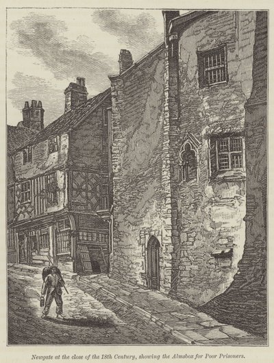 Newgate no final do século XVIII, mostrando a caixa de esmolas para prisioneiros pobres (gravura) de English School