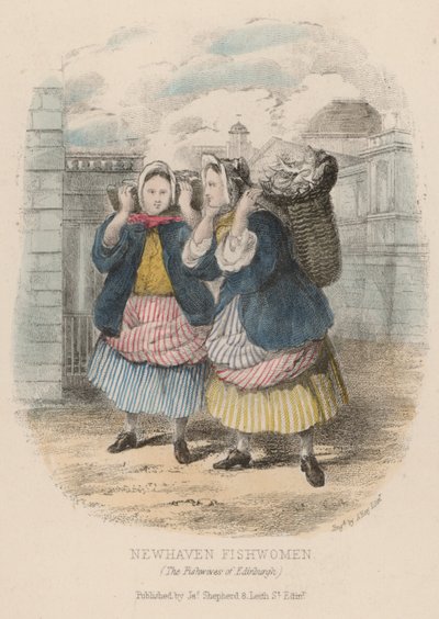 Newhaven fishhwomen, Edimburgo (gravura colorida) de English School