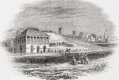 Newmarket Racecourse, Newmarket, Inglaterra no tempo de Carlos I, de Old England: A Pictorial Museum, pub. 1847 de English School