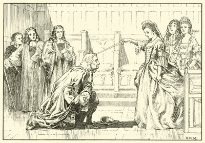 Newton é condecorado por Queen Anne (tinta no papel) de English School