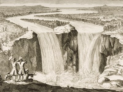 Cataratas do Niágara, depois de um esboço feito pelo padre Hennepin em 1677, de "American Pictures" publicado pela Religious Tract Society, 1876 de English School
