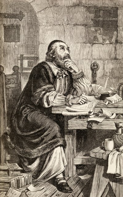 Nicholas Ridley escrevendo cartas na prisão enquanto aguarda sua execução, c.1865 (gravura em madeira) de English School
