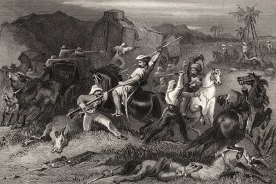 Night Sortie e ataque a vagões de bagagem, de "A História do Motim Indiano", publicado em 1858 de English School