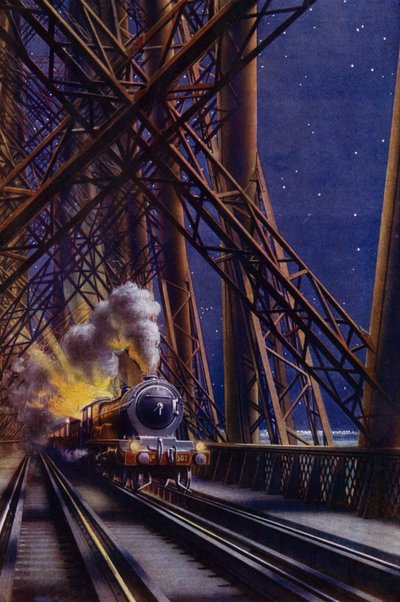 Comboio nocturno que atravessa a Ponte Forth, Escócia (cor litho) de English School
