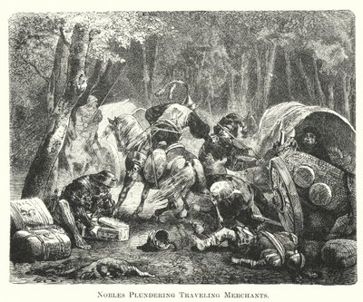 Nobres saqueando mercadores viajantes (gravura) de English School