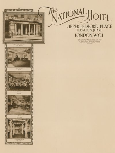 Papel timbrado do National Hotel, Upper Bedford Place, Praça Russell de English School