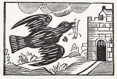 Agora, por um corvo de grande força, o pobre Tom foi levado, ilustração de Chap-livros do século XVIII por John Ashton, pub. 1882 de English School