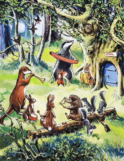 Animais de viveiro brincando na madeira de English School