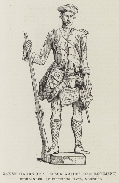 Figura de Carvalho de um "Black Watch" (42º Regimento) Highlander, em Blickling Hall, Norfolk (gravura) de English School