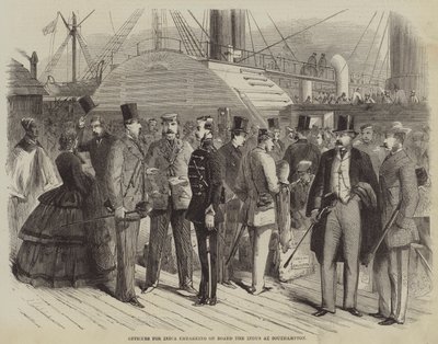 Oficiais para a Índia embarcando a bordo do Indus em Southampton (gravura) de English School