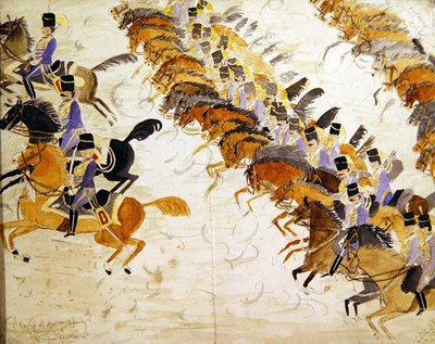 Oficiais a galope a cavalo, c.1840 (aguarela sobre papel) de English School