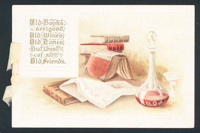 Livros velhos e garrafa do vinho, cartão de Natal de English School