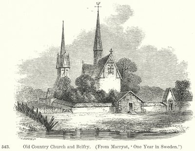 Igreja e campanário do país antigo (gravura) de English School