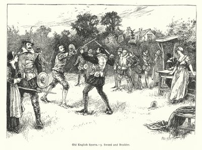 Desportos ingleses antigos, espada e buckler (gravura) de English School