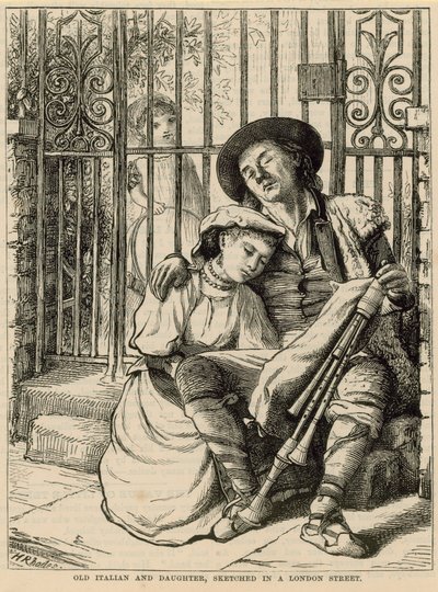 Velho italiano e filha, esboçado em uma rua de Londres de English School