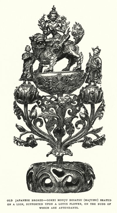 Velho Bronze Japonês, Gokei Monju Bosatsu (Majusri) Sentado em um Leão, Apoiado em uma Flor de Lótus, sobre os Buds de Que São Atendentes (litho) de English School
