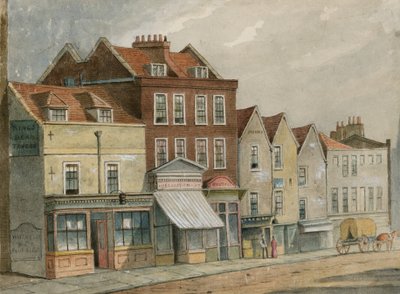 Casas antigas em Upper Street, Islington, em frente à Igreja (wc no papel) de English School
