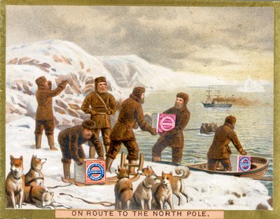 Na rota para o Pólo Norte, um cartão promocional para Huntley & Palmers Biscuits, c.1890 de English School