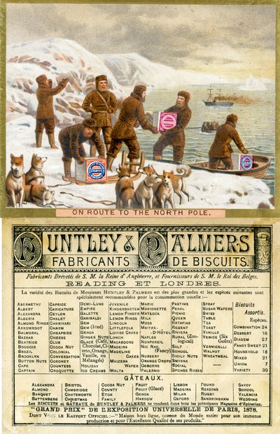 Em Route to the North Pole, frente e verso de um cartão promocional para Huntley & Palmers Biscuits, produzido para o mercado francês, 1890 de English School