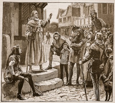 Um dos padres pobres de Williams pregando para o povo, ilustração da História Ilustrada de Cassells da Inglaterra (foto em sépia) de English School