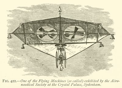Uma das máquinas voadoras (assim chamadas) exibidas pela Sociedade Aeronáutica no Palácio de Cristal, Sydenham (gravura) de English School