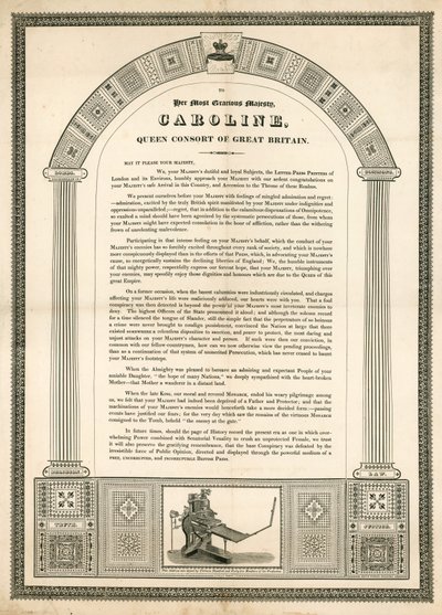 Carta aberta a Caroline, Rainha Consorte da Grã-Bretanha das tipografias londrinas de English School
