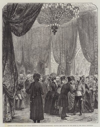 Abertura da Exposição Colonial e Indiana em South Kensington, aguardando a Chegada da Rainha ao Vestíbulo Indiano (gravura) de English School