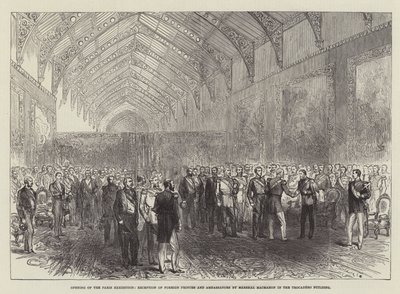 Abertura da Exposição de Paris, Recepção de Príncipes e Embaixadores Estrangeiros pelo Marechal Macmahon no Edifício Trocadero (gravura) de English School
