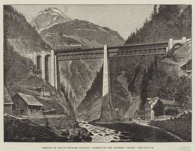 Inauguração da linha férrea de São Gothard, Viaduto do Vale do Maderan (gravura) de English School