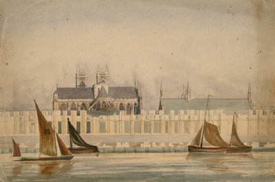 Desenho original em aquarela das Casas do Parlamento em construção em 1842 (wc em papel) de English School