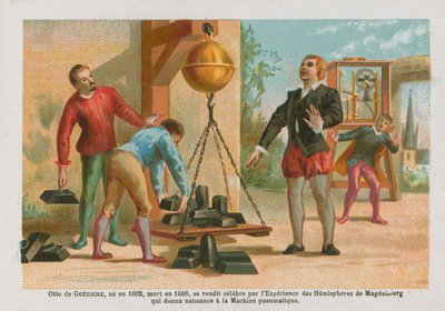 Otto von Guericke, cientista alemão (1602-1686) com os famosos hemisférios de Magdeburgo de English School