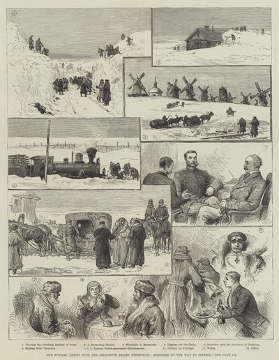 Nosso Artista Especial com a Expedição de Relevo de Jeannette, Esboços a Caminho da Sibéria (gravura) de English School