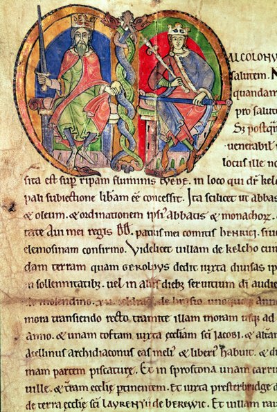 Página da Carta da Abadia de Kelso com uma inicial iluminada representando o Rei David I (1084-1153) e o seu neto Malcolm IV (1141-65) 1159 (vellum) de English School