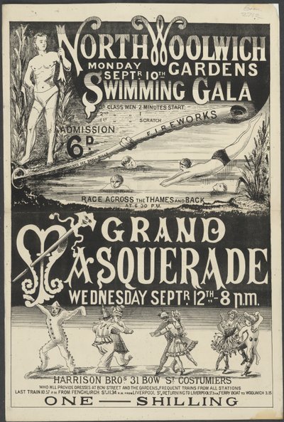 Panfleto para "Gala de Natação e Grande Mascarada, Jardins de Woolwich do Norte". de English School