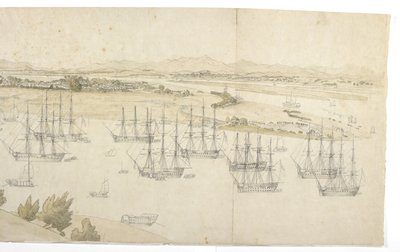 Panorama (metade direita) de Whampoa da Ilha Dane, com a navegação britânica e americana no ancoradouro de English School